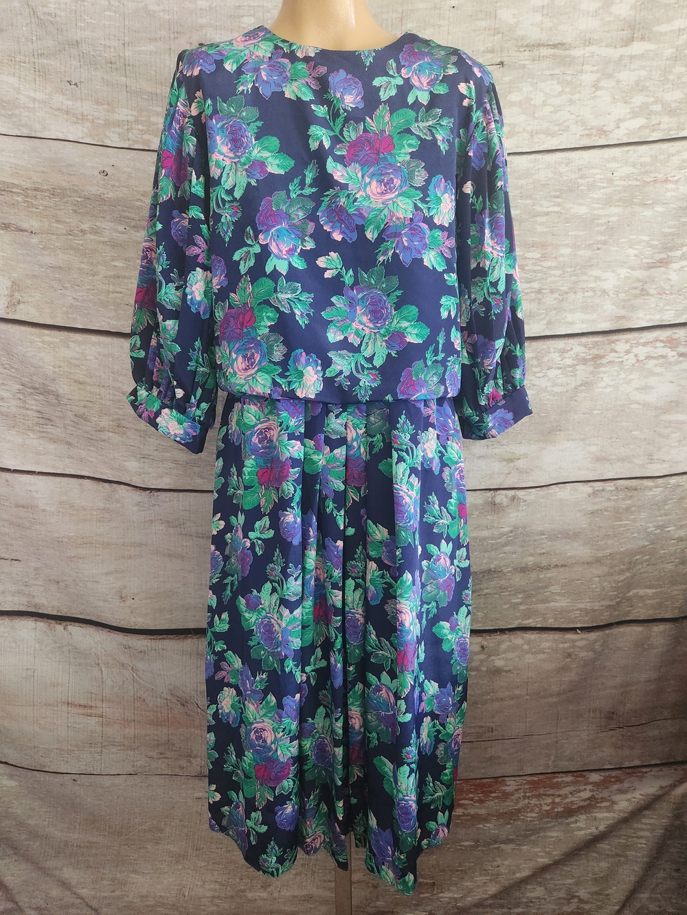 Vintage Navy Floral Midi Dress with Green & Purple Bloom Print